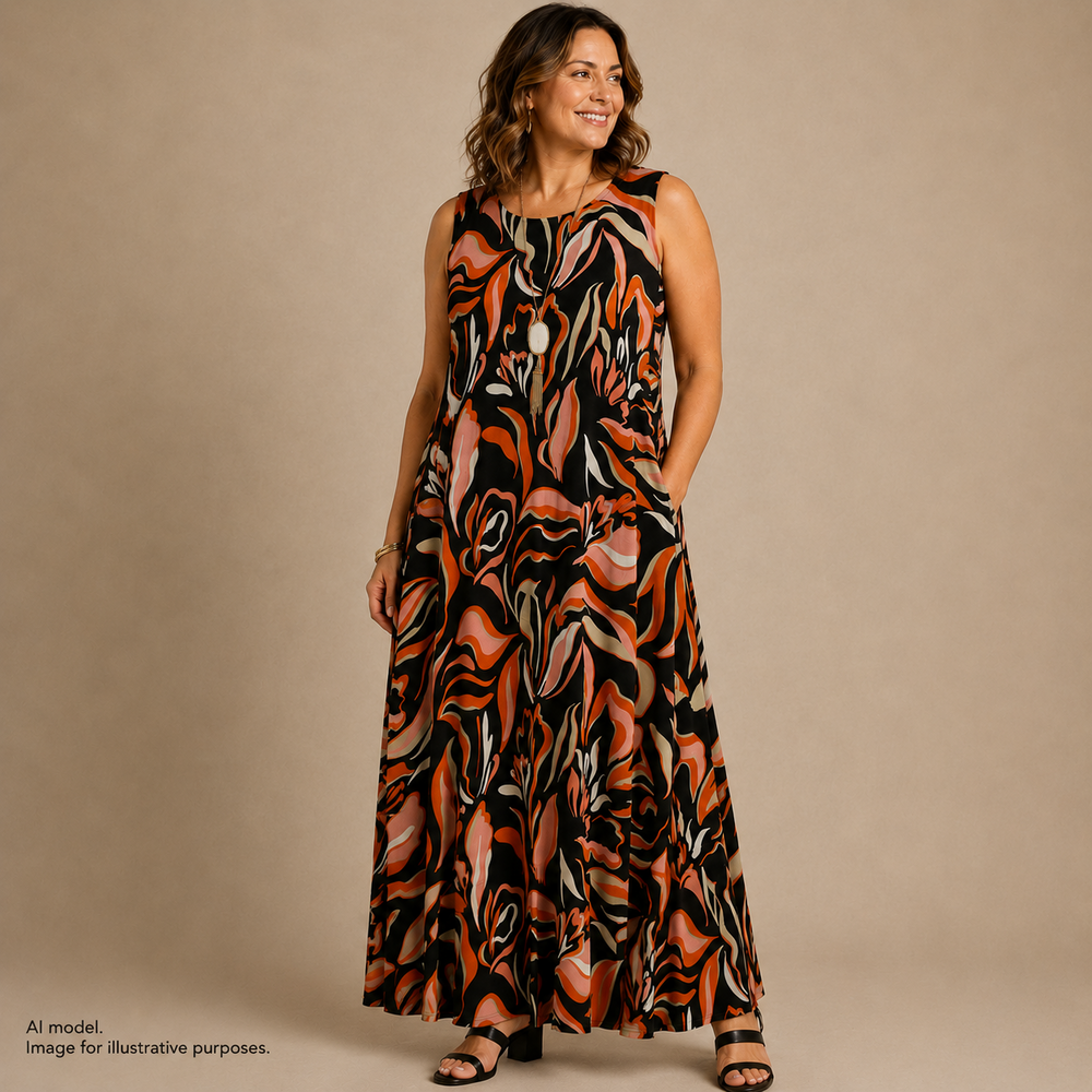 Chicos Dress Womens Large Black Orange Abstract Floral Cap Sleeve A-Line Stretch
